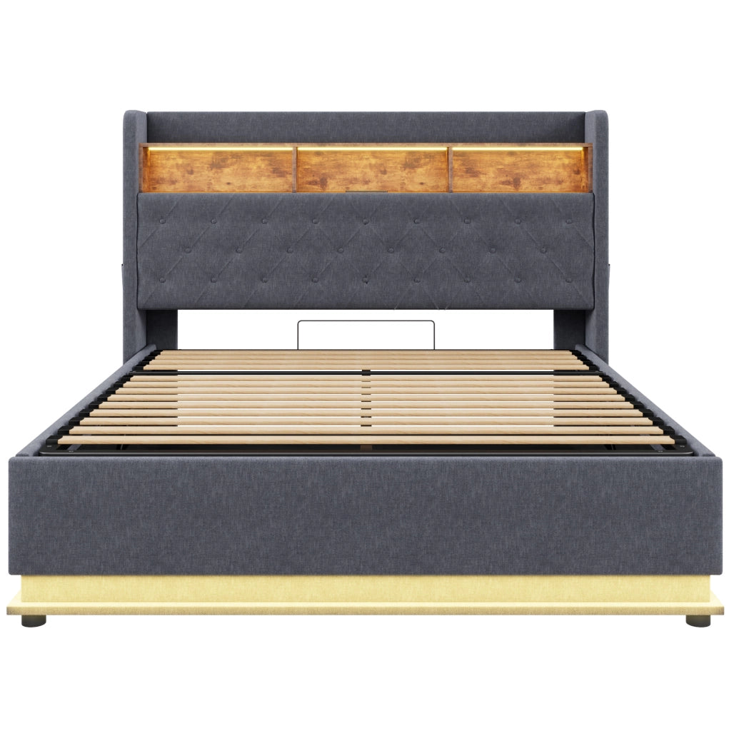 Letto imbottito 180x200 cm con LED multicolore e USB; lino; grigio