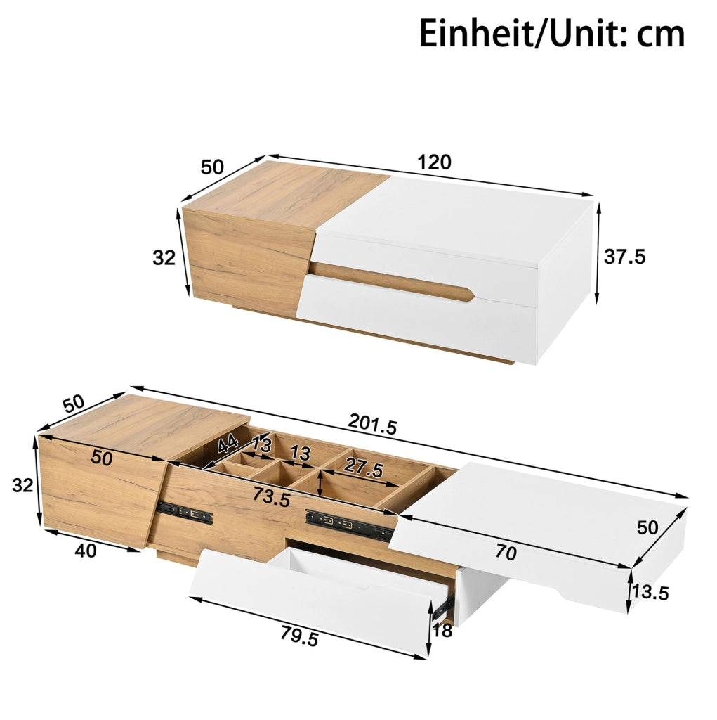 Tavolino da caffè scorrevole 120x50x37;5 cm con 2 cassetti in MDF bianco e naturale