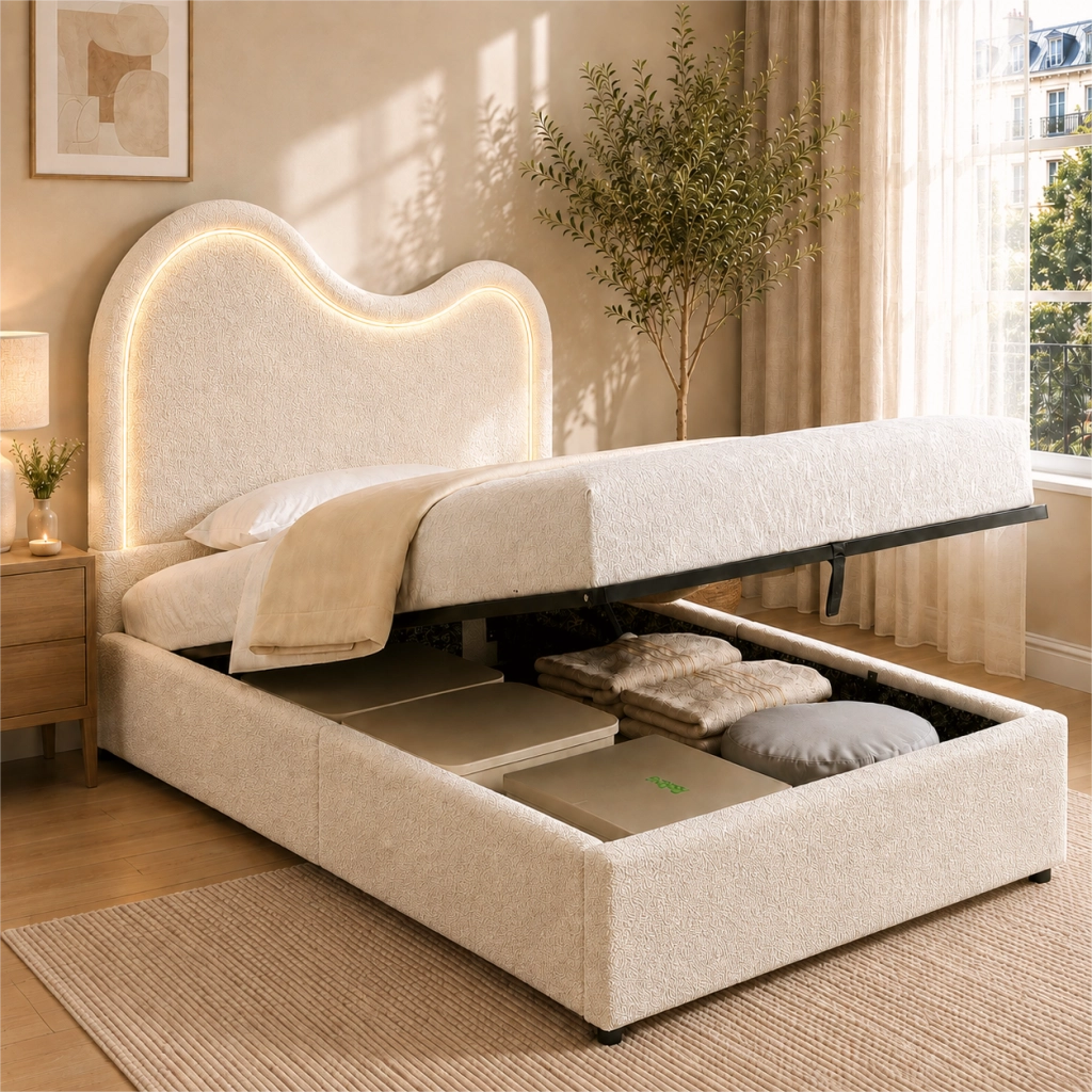 Letto imbottito per bambini con contenitore idraulico, 90x200 cm, bouclé bianco