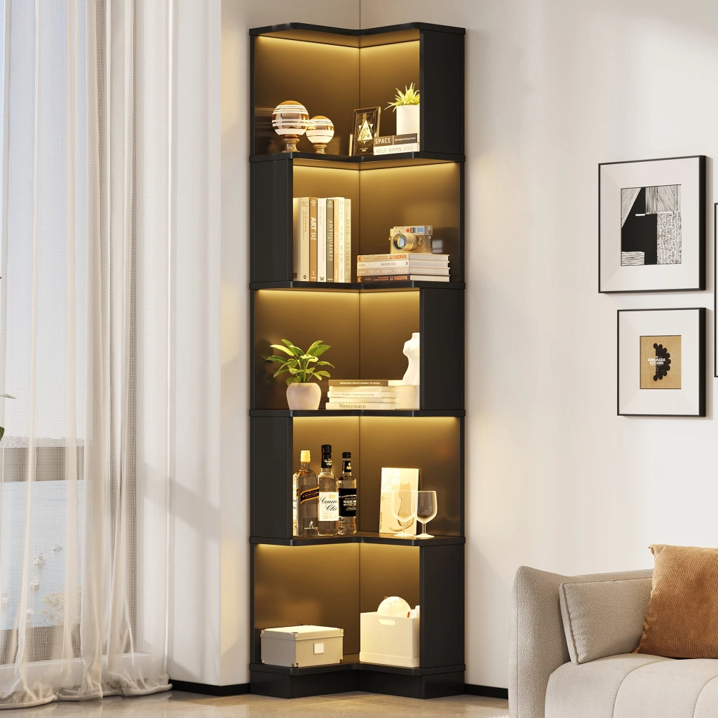Libreria angolare a l con illuminazione led controllata da app in mdf nero per studio e ufficio 63.5 × 45 × 175 cm