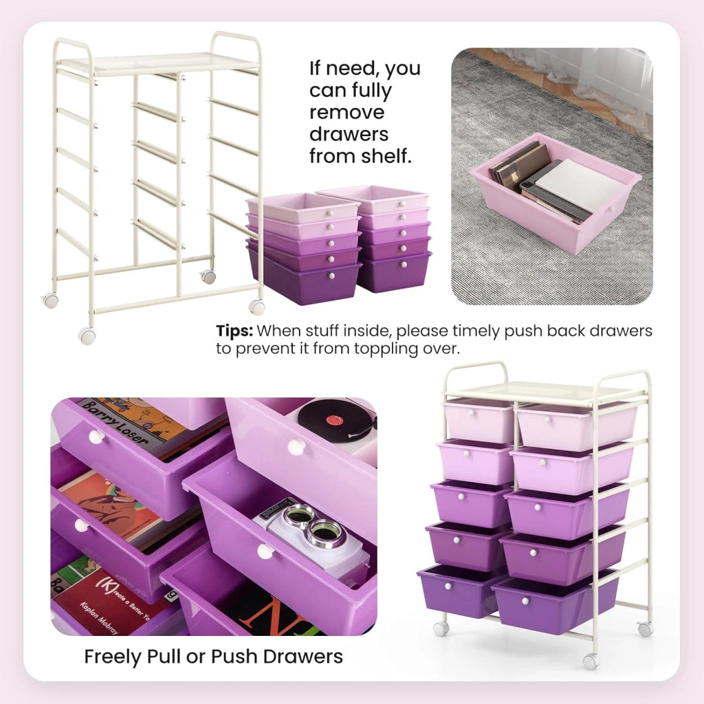 Carrello con 10 cassetti, impilabile, per cassetti, da cucina, bagno, ufficio, 65,5 x 37 x 87 cm (viola)