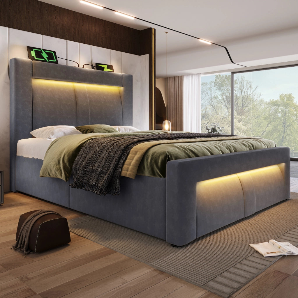 Letto singolo 90x200 cm con contenitore, LED e prese di ricarica, con materasso