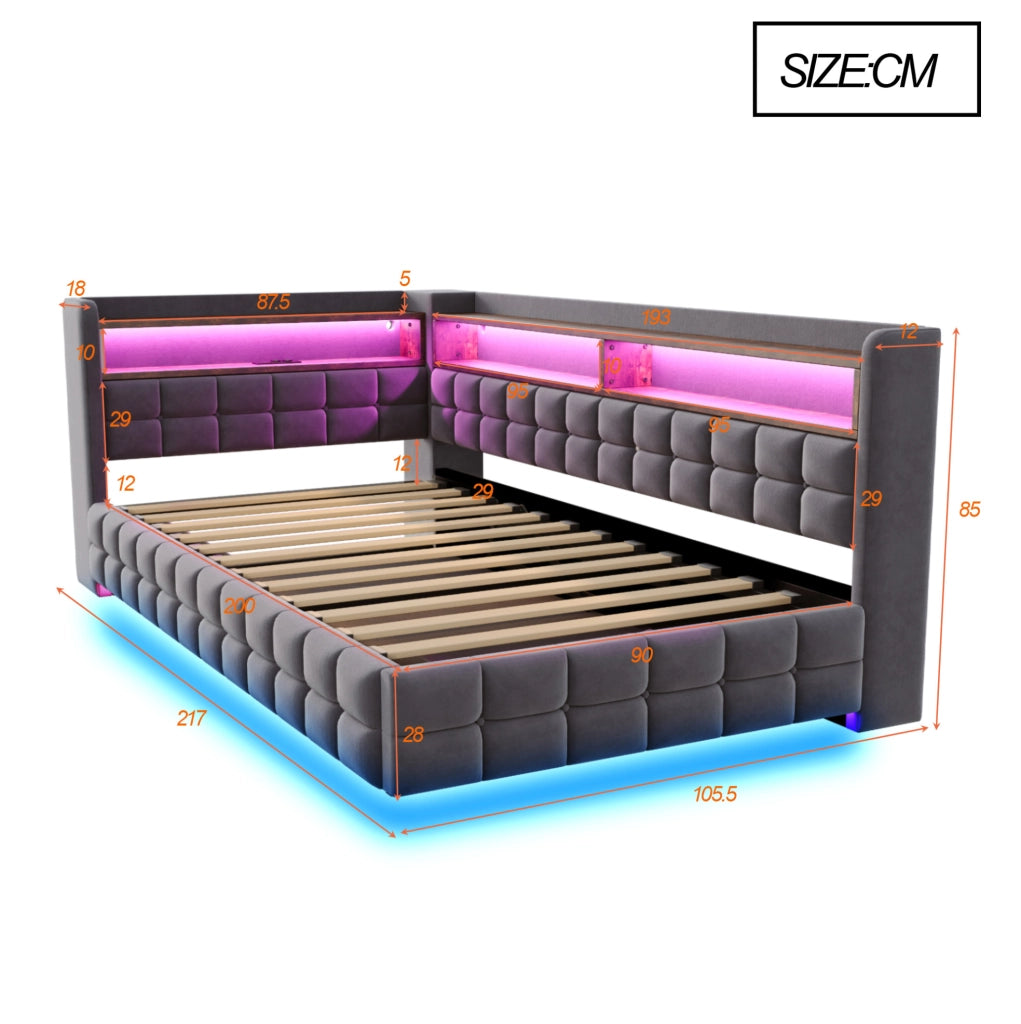 Letto imbottito multifunzione 90x200 cm con contenitore, LED e prese integrate