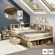 Letto per bambini con comodino; cassetti; mensole; armadio e ricarica wireless; legno naturale; 140x200 cm; senza materasso