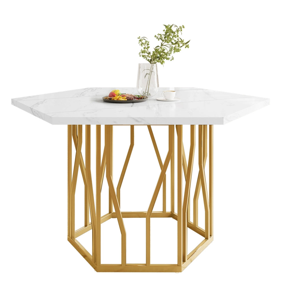 Tavolo da pranzo esagonale 115;5 x 100 cm in MDF effetto marmo bianco con base in metallo oro