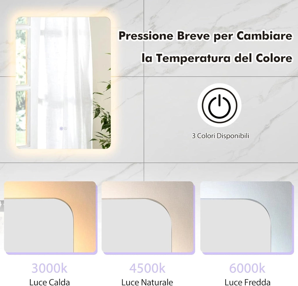Specchio da Parete 70 x 50cm, Specchio Bagno Rettangolare con Luci Led a 3 Colori, Mensola e Funzioni di Autosbrinante e di Memoria, per Soggiorno e Camera da Letto, IP44