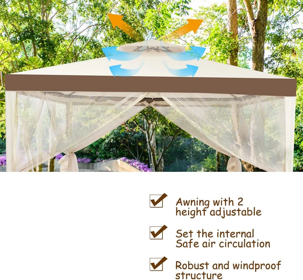3 x 3M Gazebo da Giardino, con Tetto e Tende di Struttura in Acciaio, 4 Tende Laterali, Ventilazione e Zanzariere, Traspirante e Comodo per Parco/Giardino/Balcone, 2 Colori (beige)
