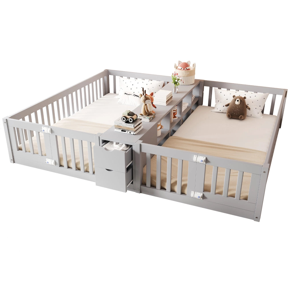 Letto a castello basso per bambini 90×200 cm con sponde alte; ripiani e 2 cassetti; senza materasso; legno; grigio