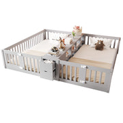 Letto a castello basso per bambini 90×200 cm con sponde alte; ripiani e 2 cassetti; senza materasso; legno; grigio