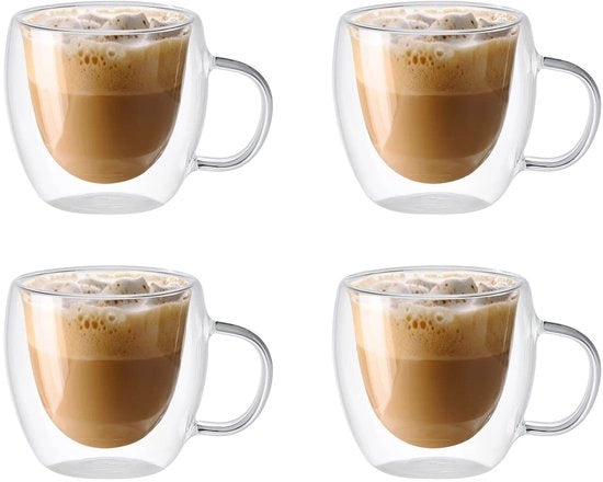 Set di 4 tazze a doppio strato in vetro - Isolanti - 150 ml - Manico - Translucido - Per caffè e tè