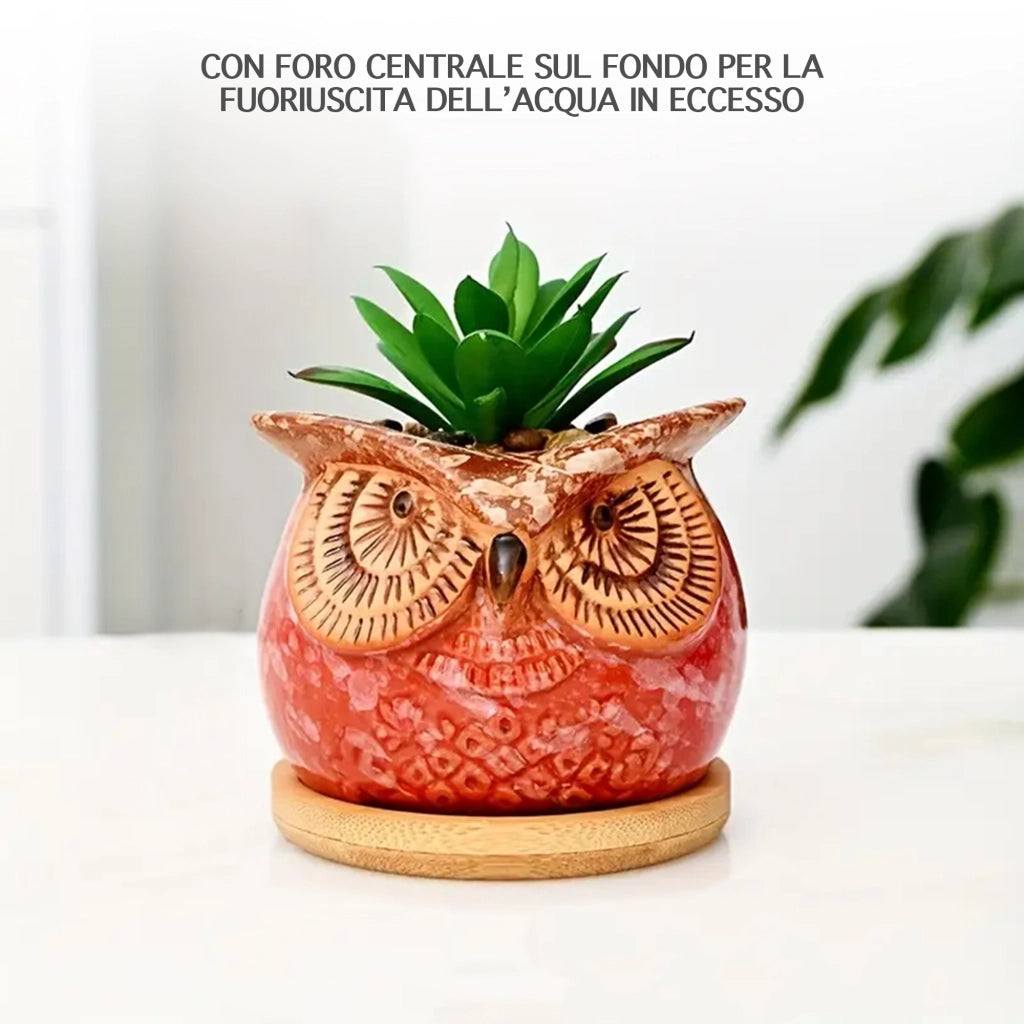 Set 6 Pezzi Vasi In Ceramica Fiori Piante Grasse Gufi Con Sotto Vaso In Bambù Foro Centrale Cactus Decorazione Interno Esterno Casa Vasetto Con Foro Scarico Fioriera Contenitore - 3Civette