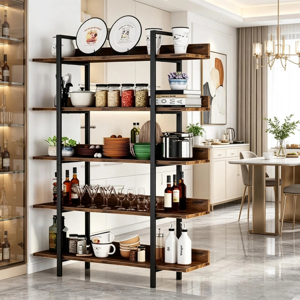 Libreria 105x33x180 cm a 5 ripiani in metallo e legno nero e marrone rustico
