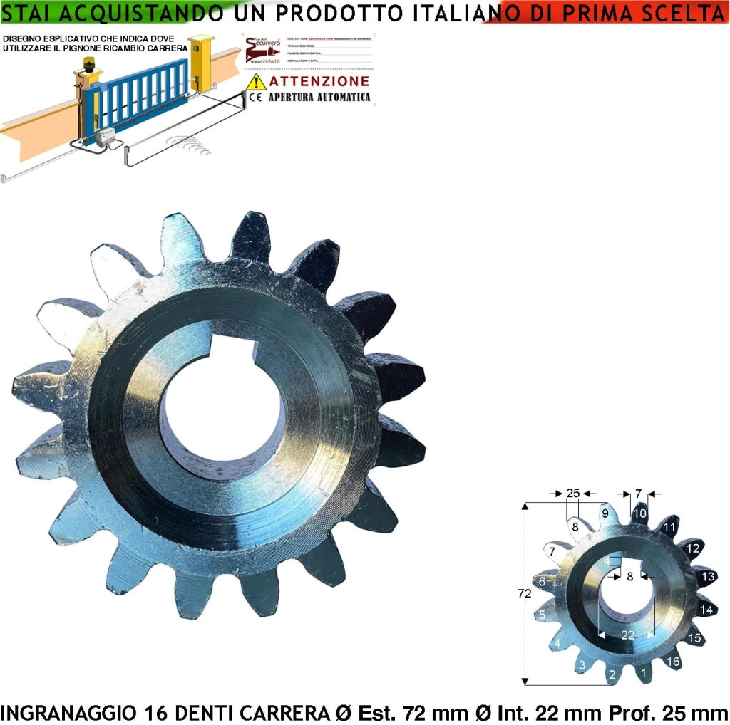 Ingranaggio Esterno 16 Denti Ricambio Motore Carrera 113000/1 Ruota Dentata x Cremagliera Cancello Scorrevole Universale M4 in Acciaio  Ø Ex 72 mm Ø foro 22 mm Zeppa di Fissaggio 25 mm Spessore 25 mm
