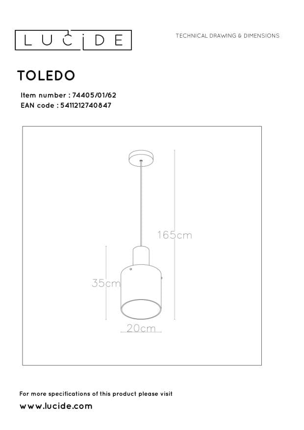 Lucide Toledo lampada a sospensione vetro bronzo E27 Ø20