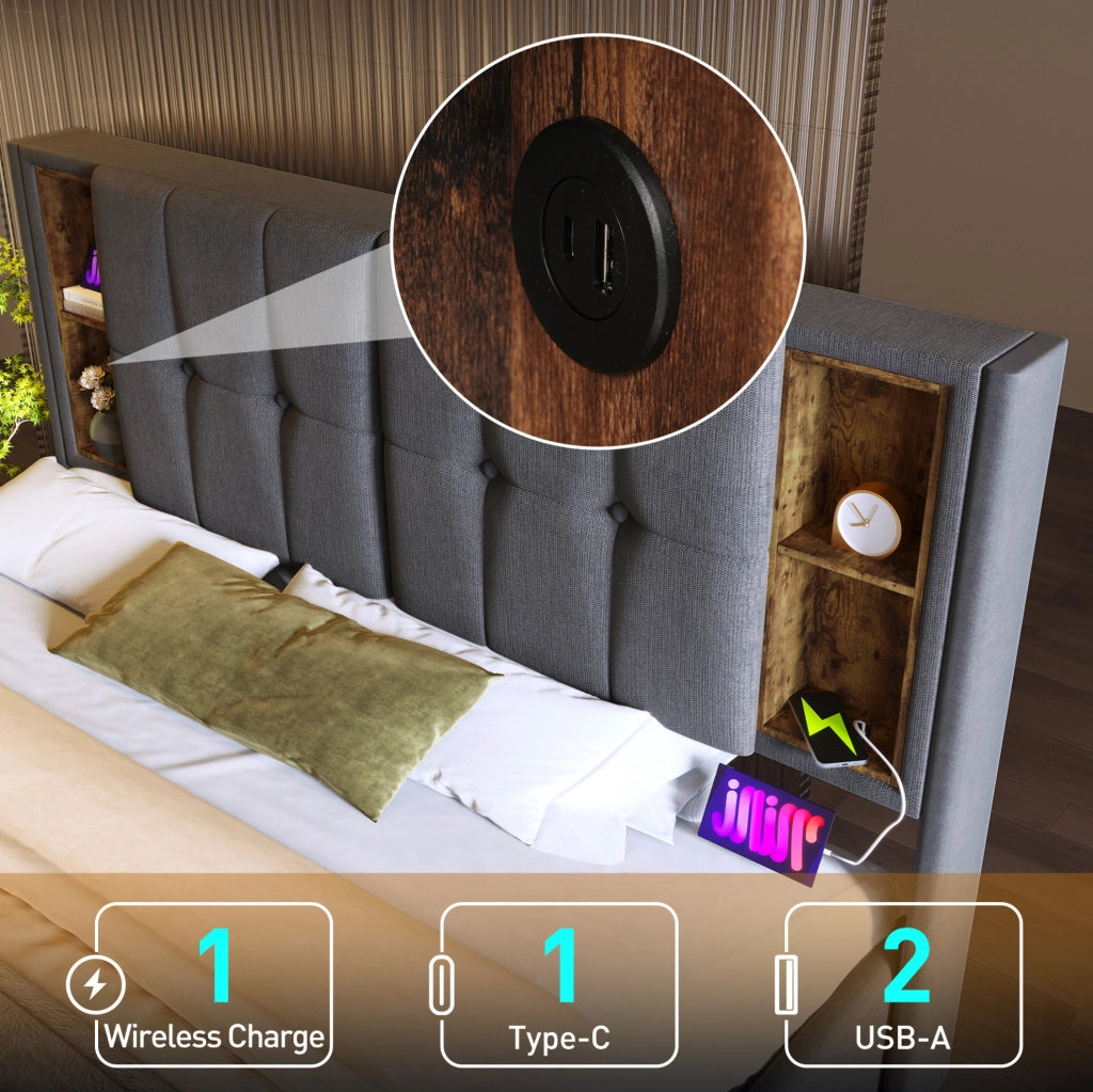 Letto matrimoniale imbottito con contenitore, ricarica wireless e USB, grigio 180 x 200 cm