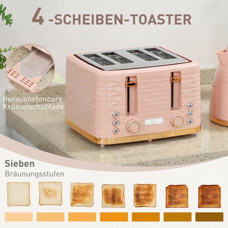Set tostapane e bollitore 2 in 1, 7 livelli di doratura, funzione scongelamento e riscaldamento, rosa