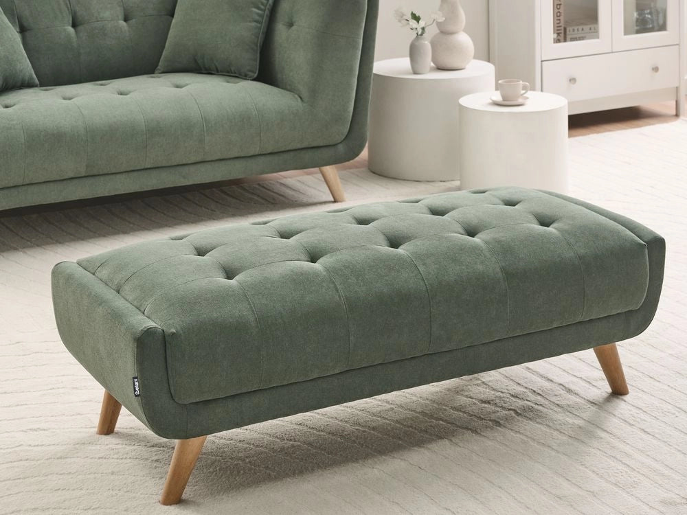 Pouf rettangolare in tessuto color verde, stile retrò, per soggiorno, con gambe in legno