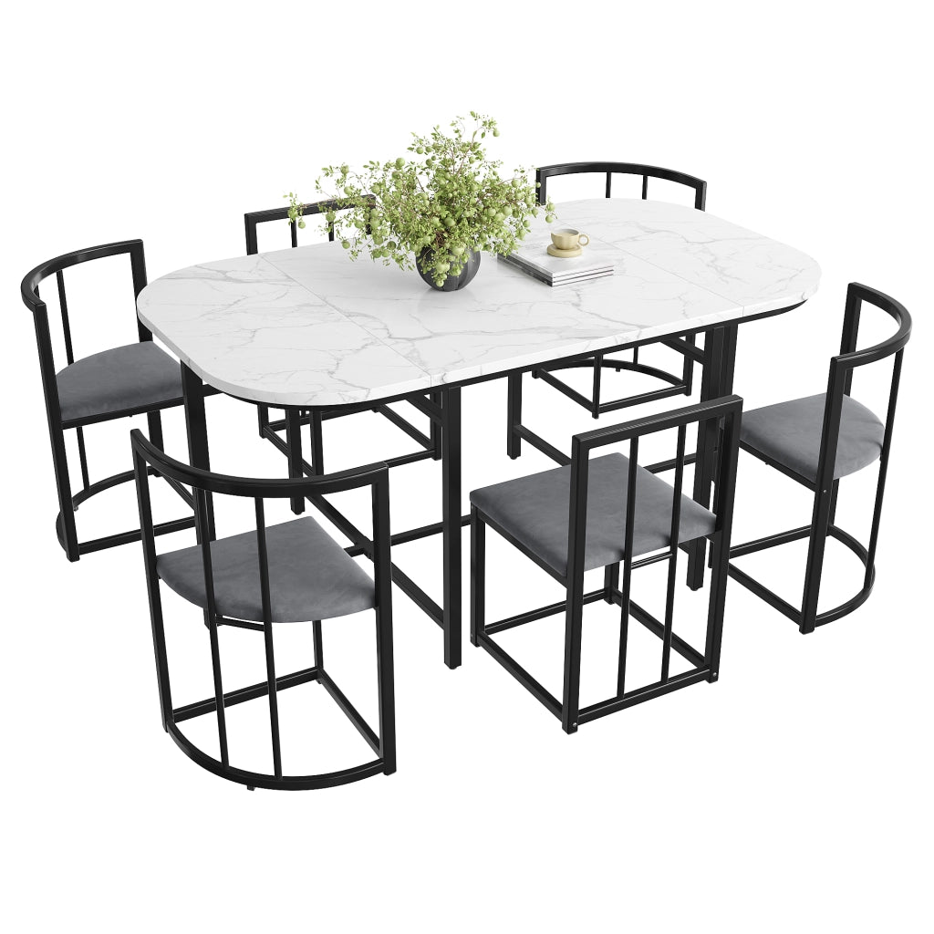 Set da pranzo con tavolo bianco e 6 sedie imbottite, struttura nera e stile moderno