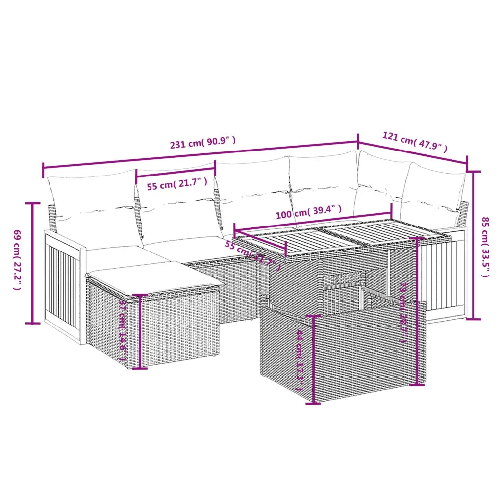 Set Divani da Giardino 7 pz con Cuscini Beige in Polyrattan