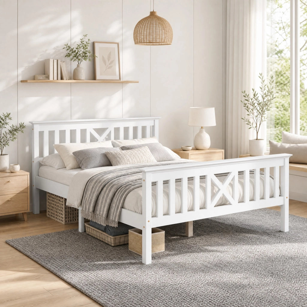 Letto matrimoniale 140x200 cm in pino bianco con rete a doghe