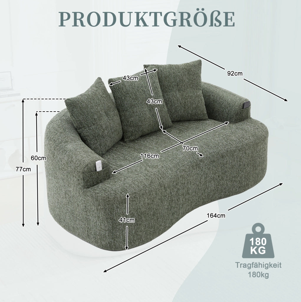 Divano 2 posti 164x92x60 cm verde in chenille; seduta extra profonda