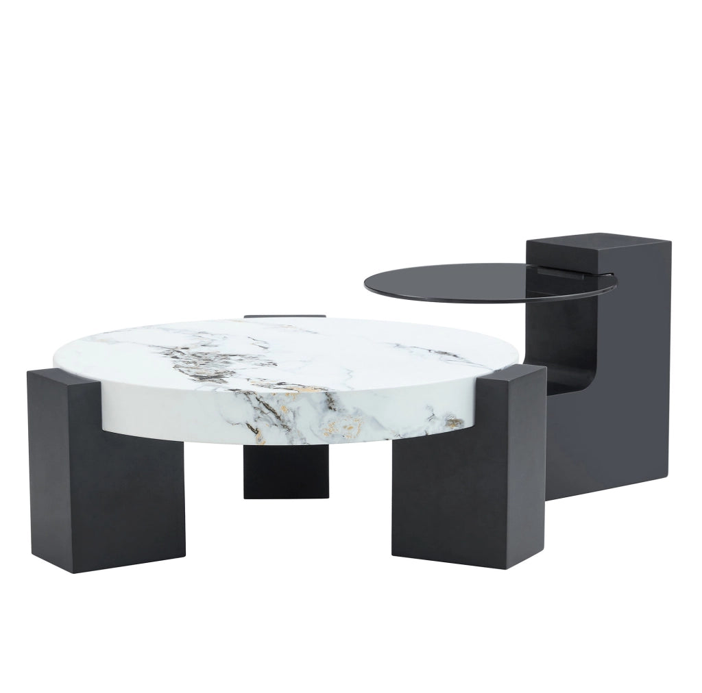 Set 2 tavolini rotondi 61 e 44 cm bianco nero in MDF e vetro; separabili
