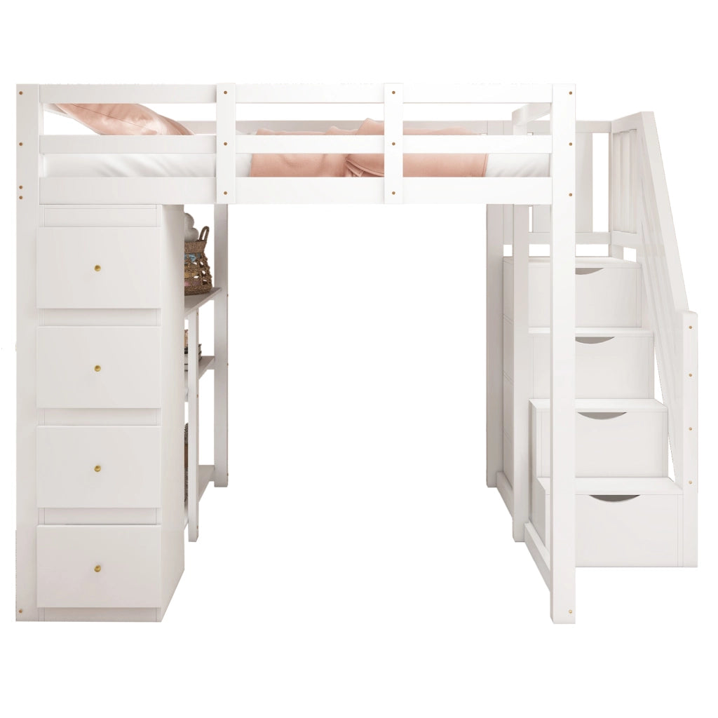 OKWISH Letto a Soppalco 140×200 cm, Letto Matrimoniale con 4 Cassetti, Scala Contenitore e Mensole, senza Materasso, in Legno, Bianco