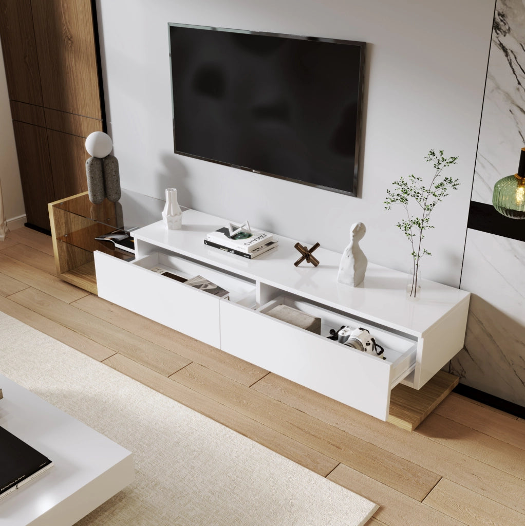 Mobile TV 170x36x38 cm; 2 cassetti e LED controllabile via app; truciolare bianco