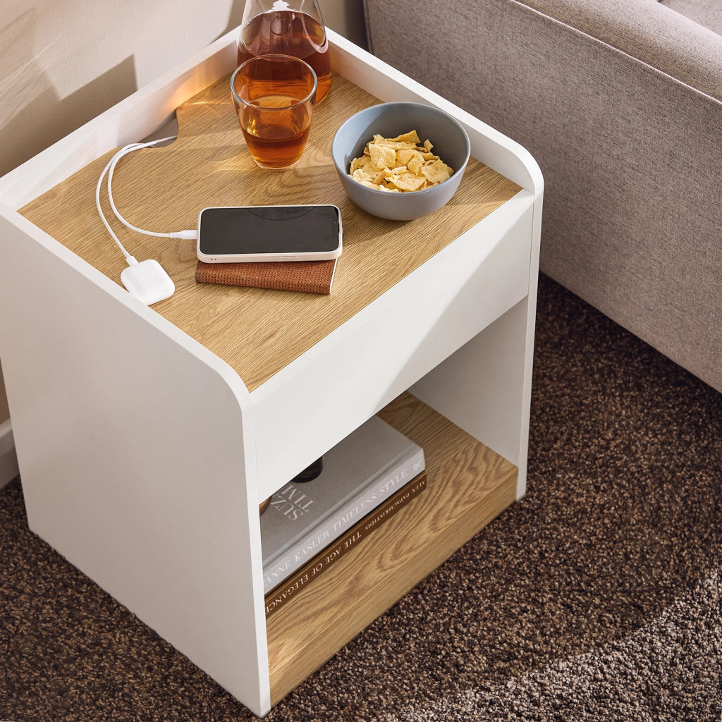 SoBuy Comodino per letto Tavolino stretto Tavolo telefono Bianco e Naturale 45x40x55cm FBT128-WN