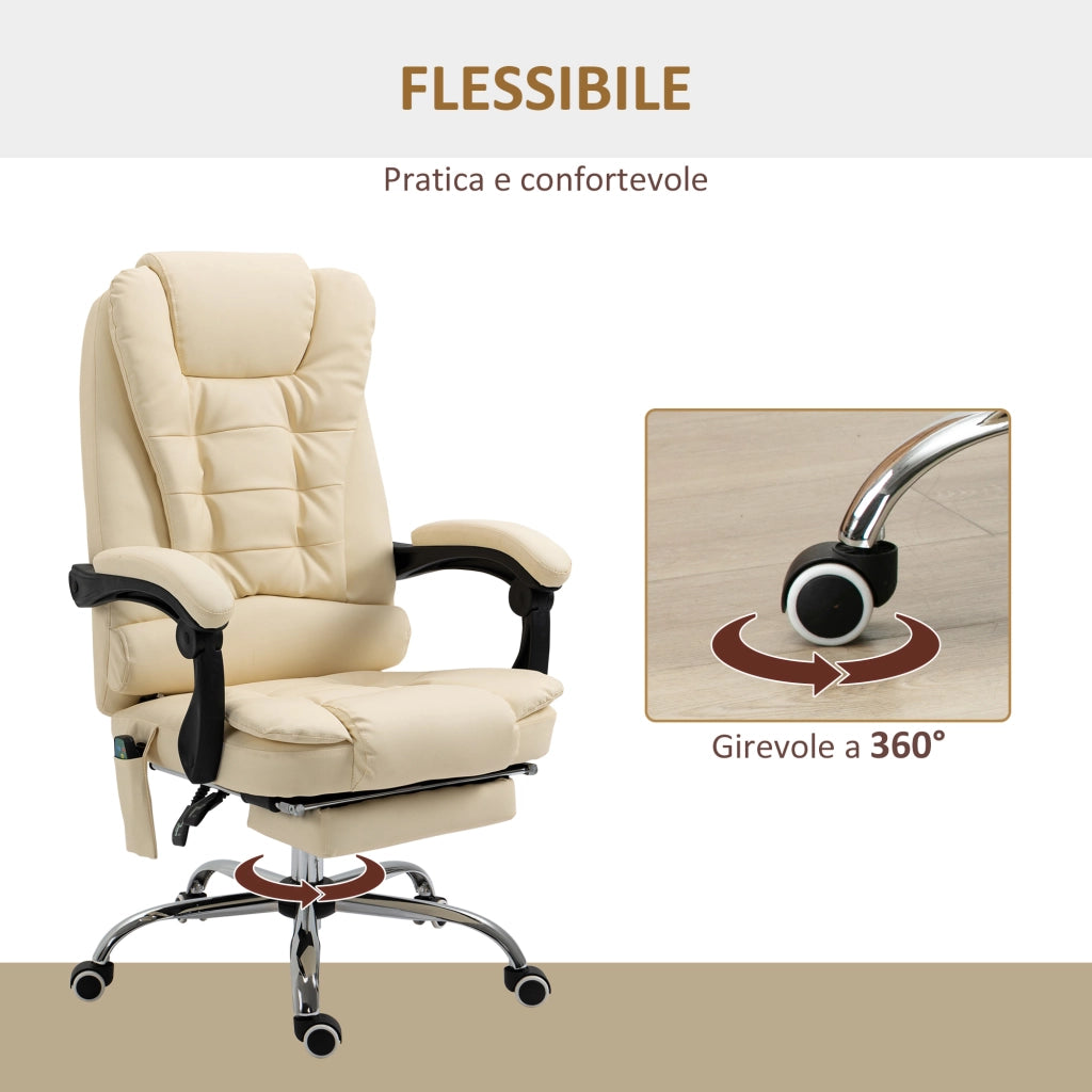 EasyComfort Poltrona Massaggiante Ergonomica ad Altezza Regolabile con 6 Punti Vibranti, 65x160x104 cm, Crema