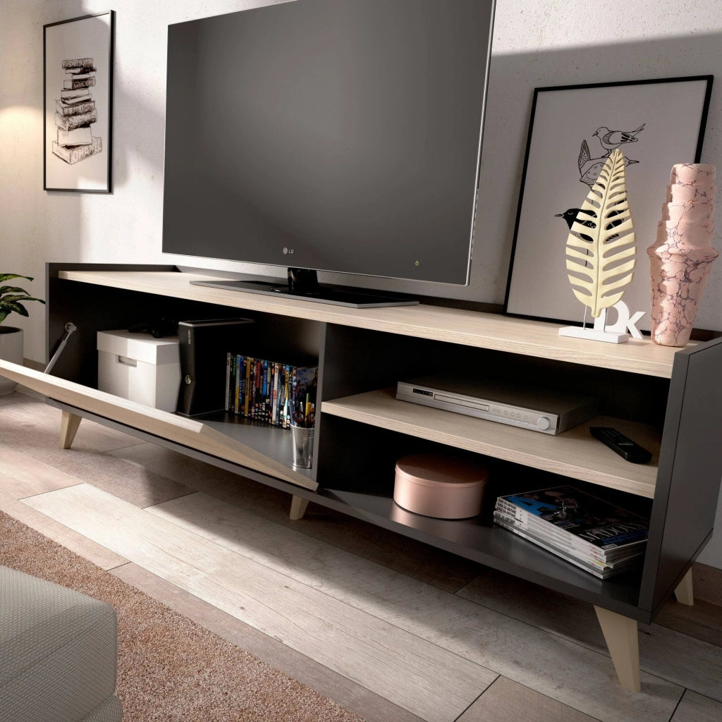 Mobile porta TV Allesia, Credenza bassa da soggiorno, Madia da salotto per televisione, 155x43h47 cm, Rovere e Antracite