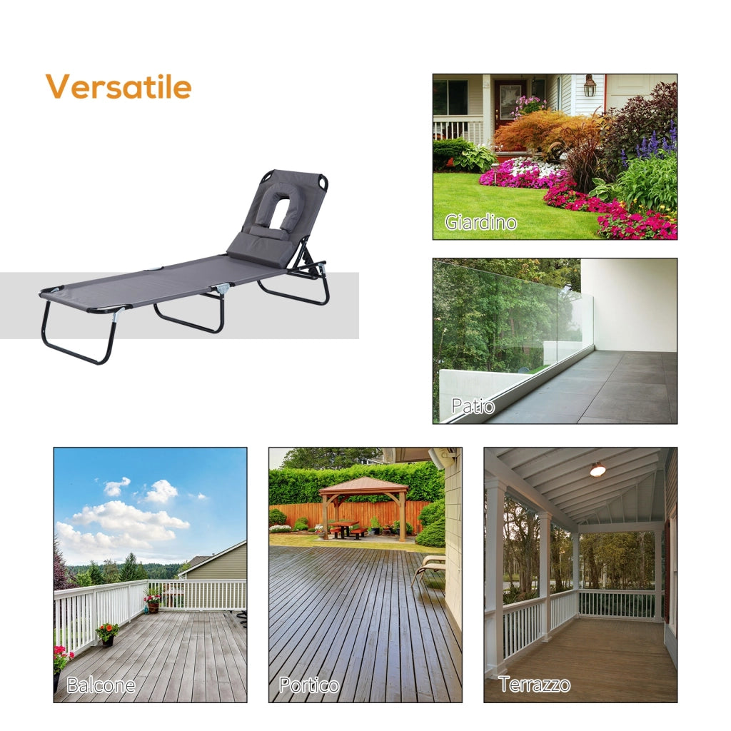 Easycomfort Sedia Sdraio da Esterno Pieghevole con Foro per il Viso e Cuscini, Lettino Prendisole da Giardino, Spiaggia e Campeggio, Grigio