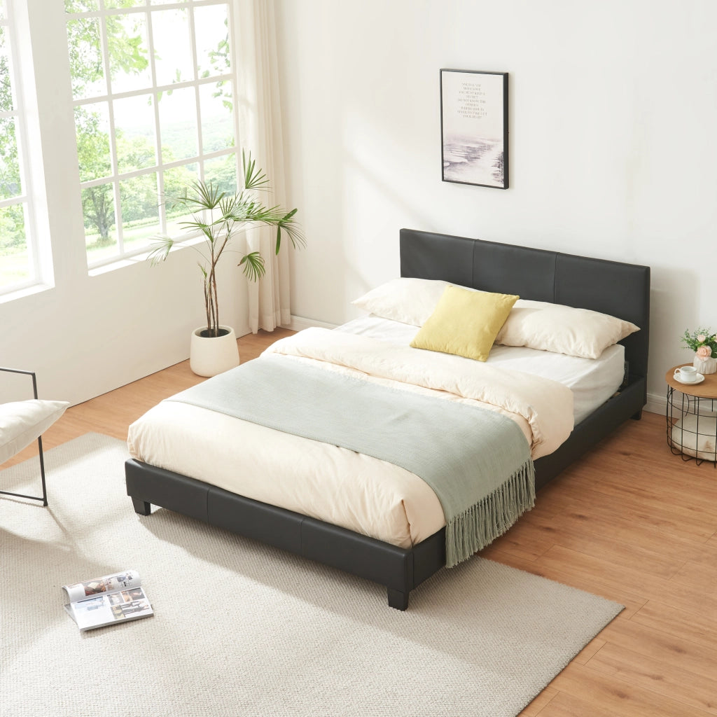 Letto Francese Albacete con Testiera Alta e Materasso 140x200 cm Similpelle Nero Corium