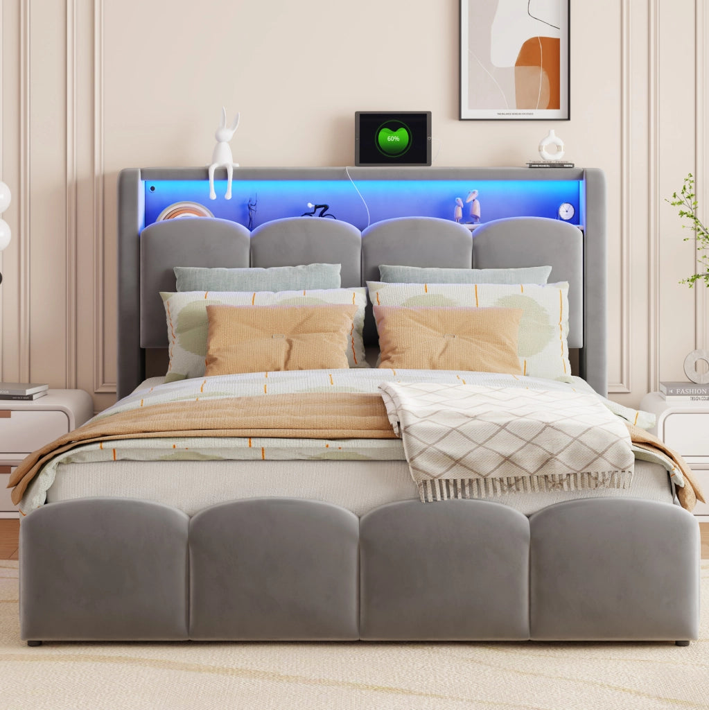 LETTO Imbottito 140x200 cm Velluto Grigio con LED, USB e USB-C