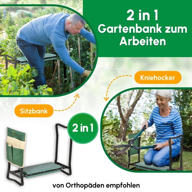 Carrello pieghevole 2 in 1 con borsa portautensili e cuscini in schiuma acciaio verde 58 × 28 × 49 cm