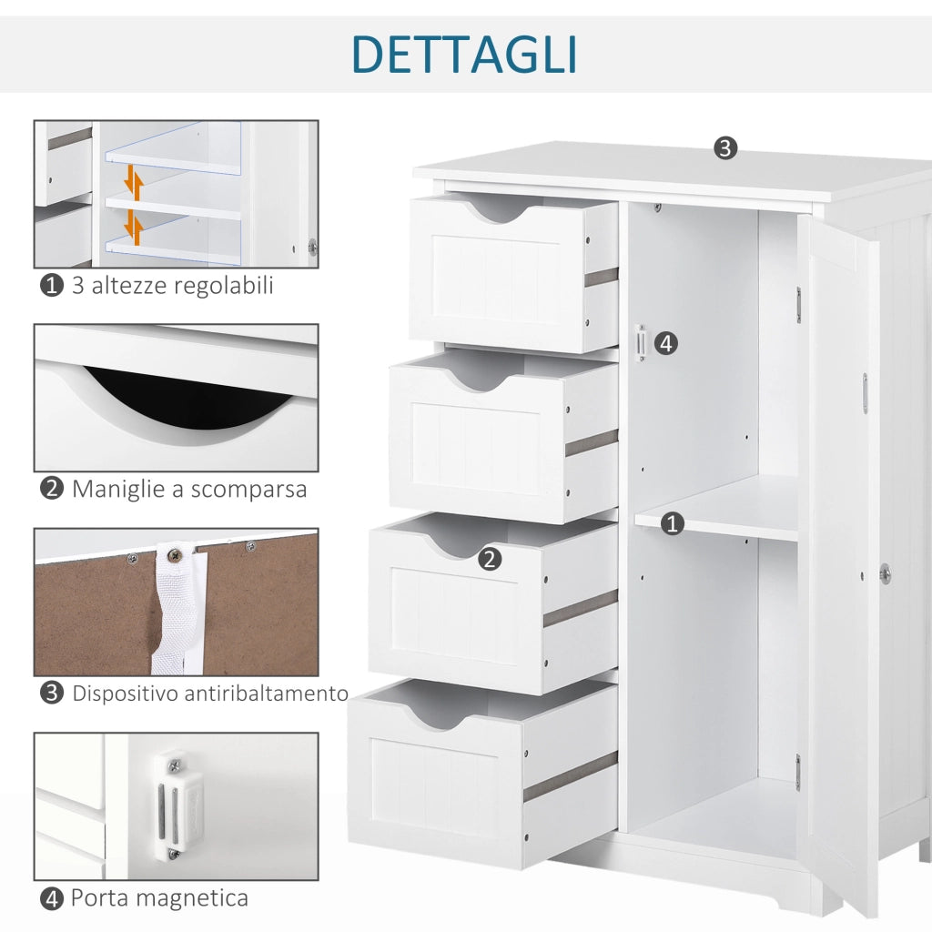 Mobile da Bagno con Cassetti e Armadietto Regolabile ¨C Zephmum ¨C Bianco, MDF, 56x30x83cm