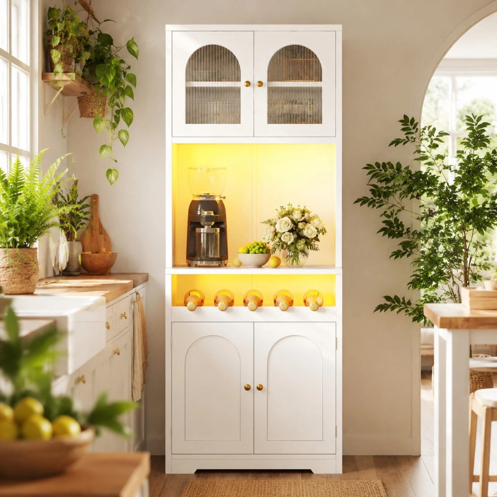 Mobile buffet alto 180 cm bianco con LED RGB e portabottiglie