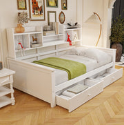 Divano letto 90x200 cm in legno con 2 cassetti e vani laterali; bianco