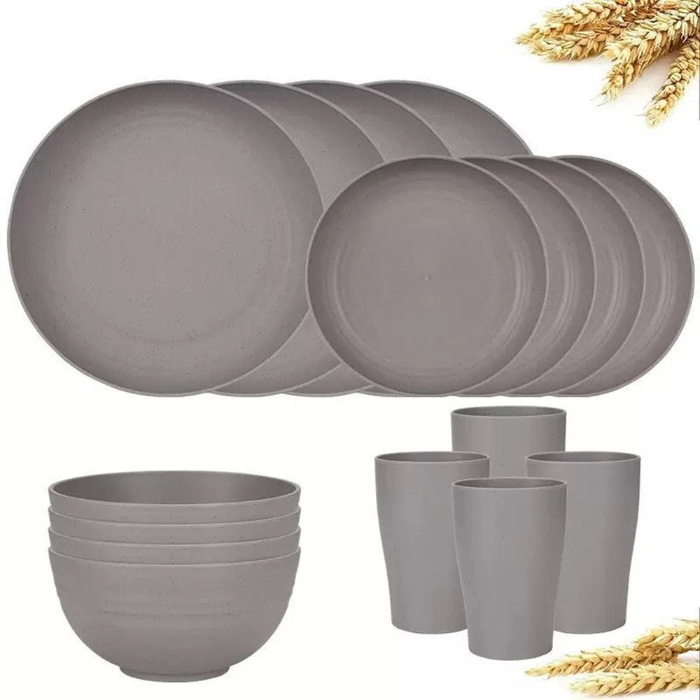 Trade Shop - Set Da 16pz Stoviglie In Paglia Di Grano Ciotole Piatti Infrangibili Posate Riutilizzabili -