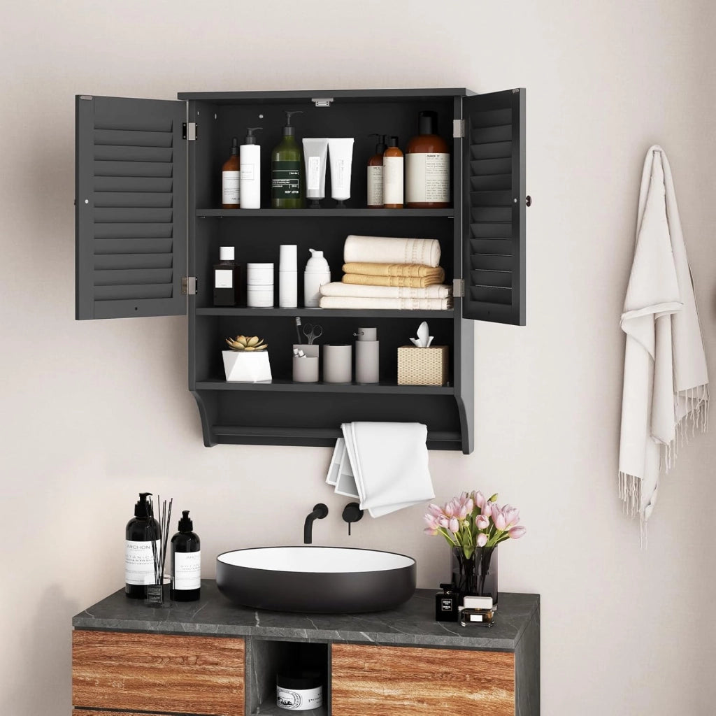 Armadietto da Bagno Sospeso 60x22x75cm, Mobile da Parete con 2 Ante, con Ripiano Regolabile in 3 Posizioni e Barra Porta Asciugamani (Nero)