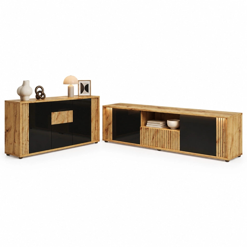 Set mobile TV 180 × 40 × 51 cm e credenza 140 × 35 × 71 cm con LED Bluetooth; nero e naturale