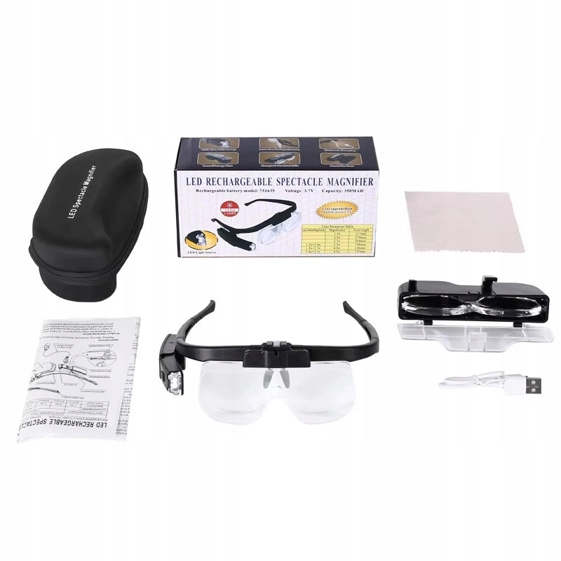 Occhiali Ingrandenti LED OptiView 6in1 – Lenti Intercambiabili 1.5x–4.5x | Illuminazione LED Regolabile | USB