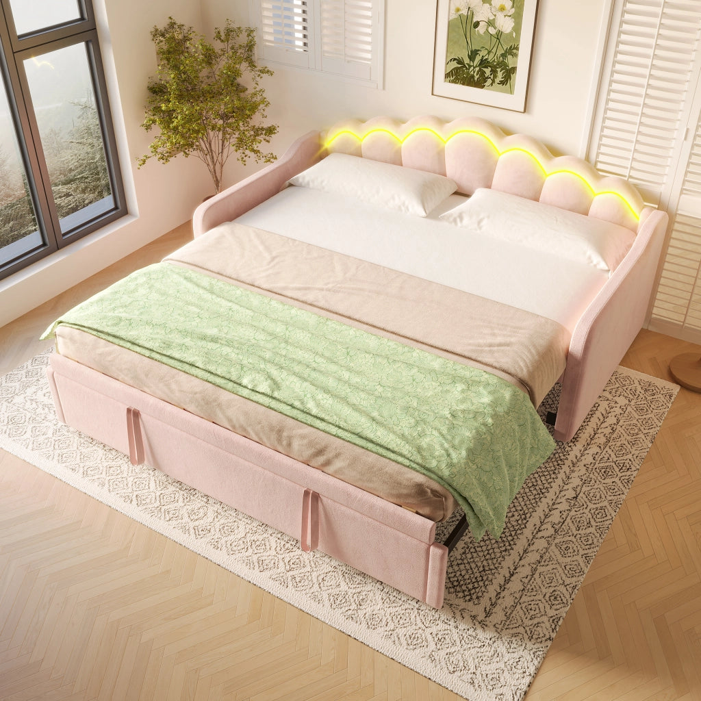 Letto imbottito pieghevole con luci LED 90x200 cm velluto rosa
