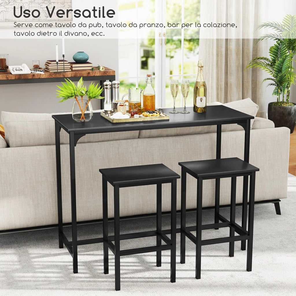 Tavolo con 2 Sgabelli in Metallo e Legno, Set da Pranzo 3 Pezzi, Tavolo Rettangolare da Cucina con 2 Sedie per Sala da Pranzo, Appartamento e Bistro, Stile Retrò (Nero)