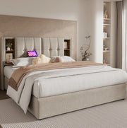 Letto imbottito 180x200 cm con contenitore; ricarica wireless; USB e Type-C; lino naturale
