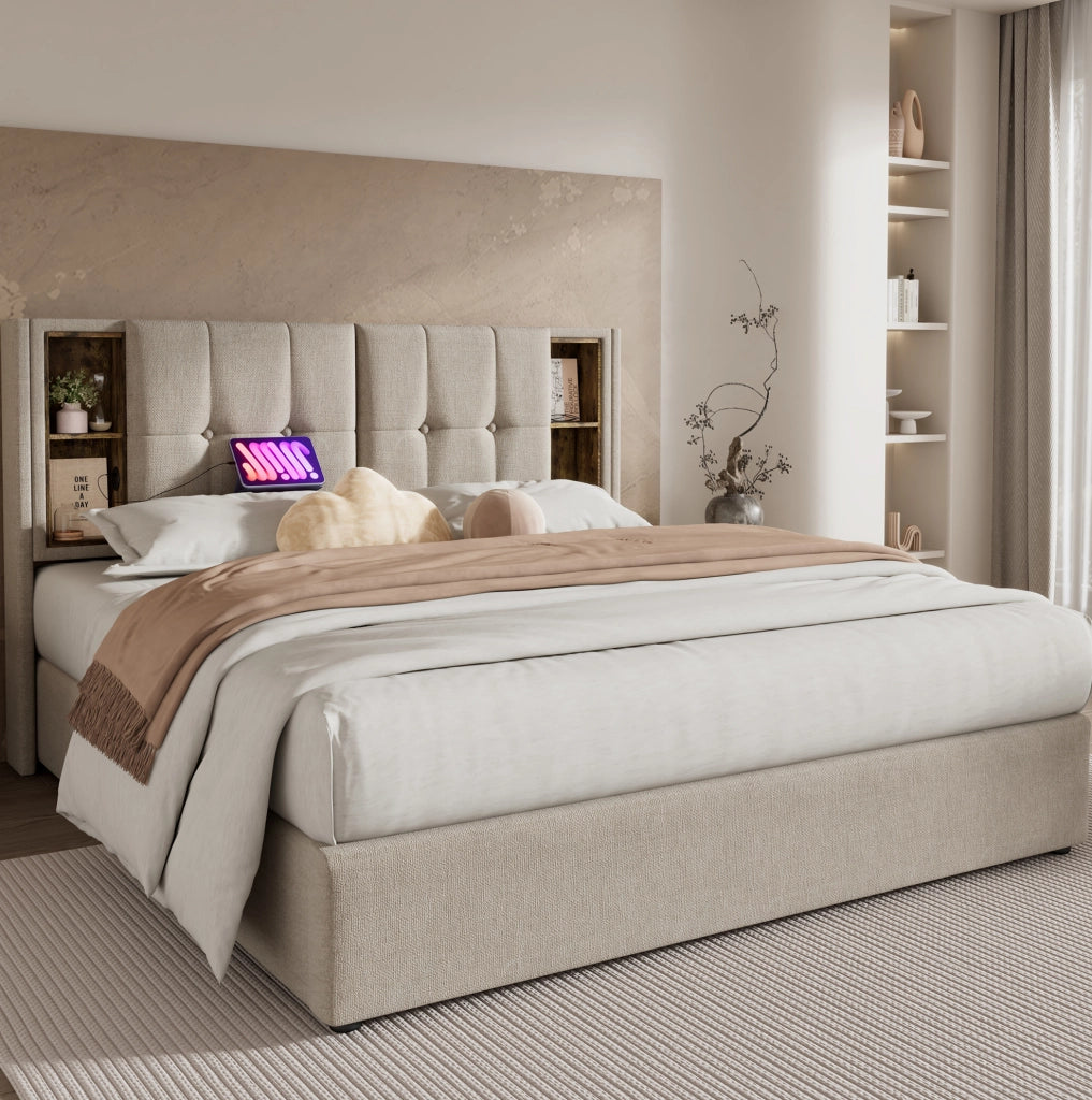 Letto imbottito 180x200 cm con contenitore; ricarica wireless; USB e Type-C; lino naturale