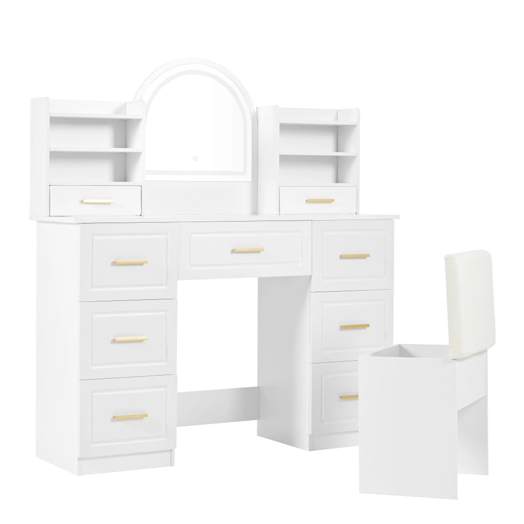 Tavolo da Trucco con Specchio e LED ¨C MINIMAL ¨C 9 Cassetti, Bianco, 120x40x135 cm