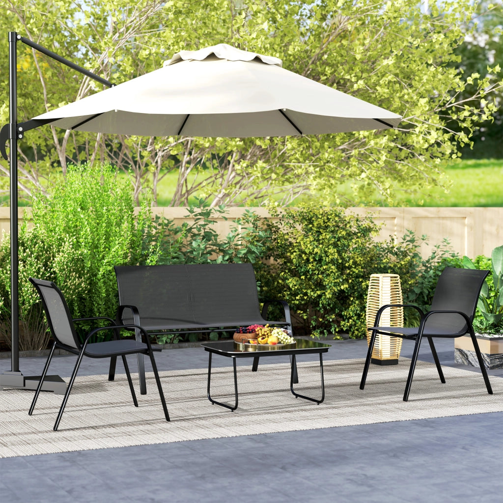 Set da Giardino con Divano 2 Posti, 2 Poltrone Impilabili e Tavolino in Vetro, Nero