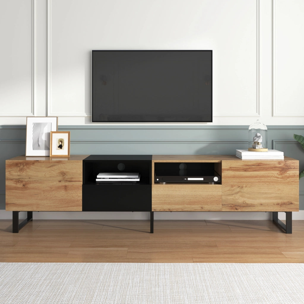 Mobile porta TV 190x38x48 cm; ampio spazio con 2 ante e 2 cassetti; MDF; nero e colore naturale