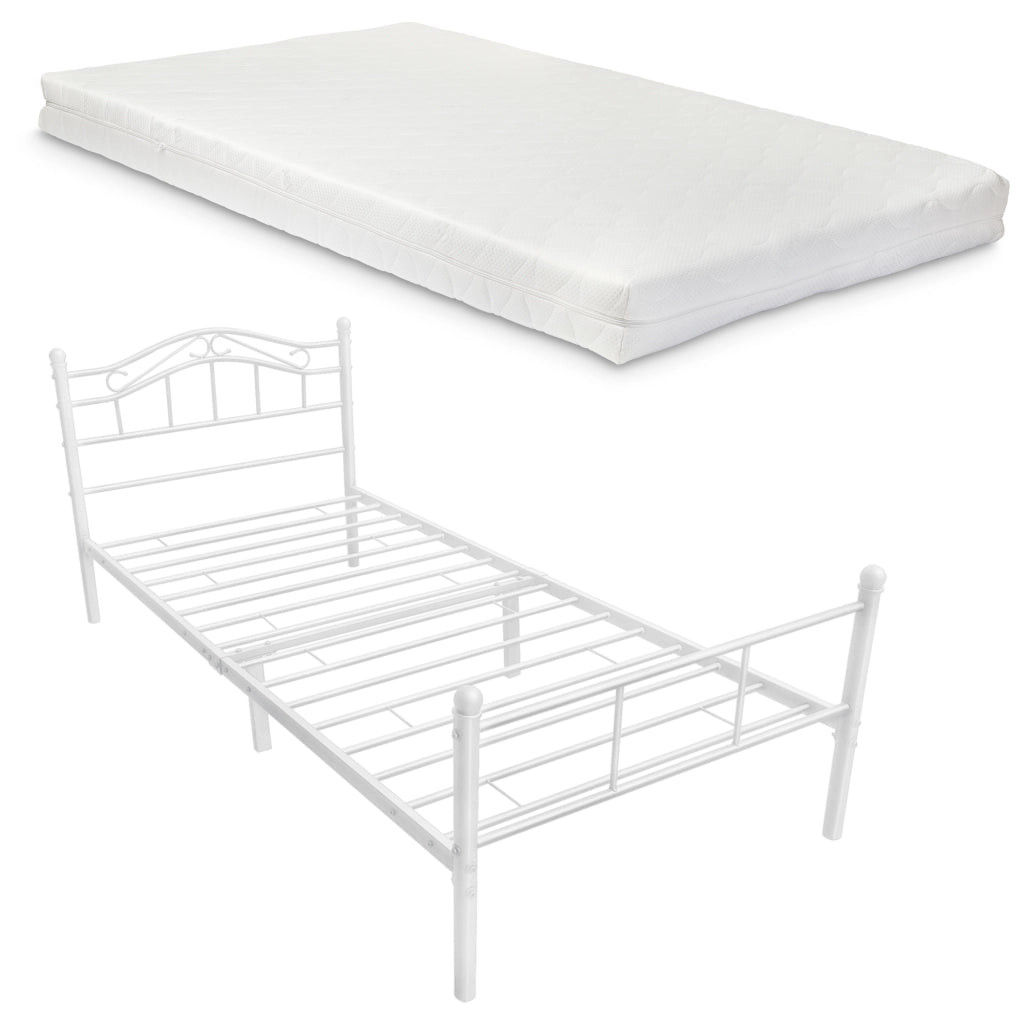 Letto Piazza e Mezza Florenz in Acciaio con Testiera Decorativa e Materasso 120 x 200 cm Bianco [en.casa]
